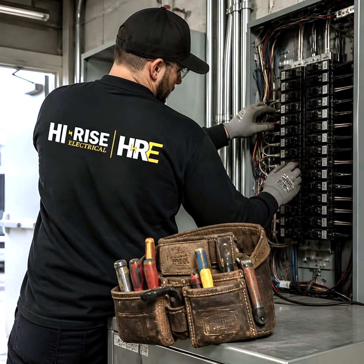 Electrician in Hi-Rise Electrical shirt working at breaker panel, tool belt in front