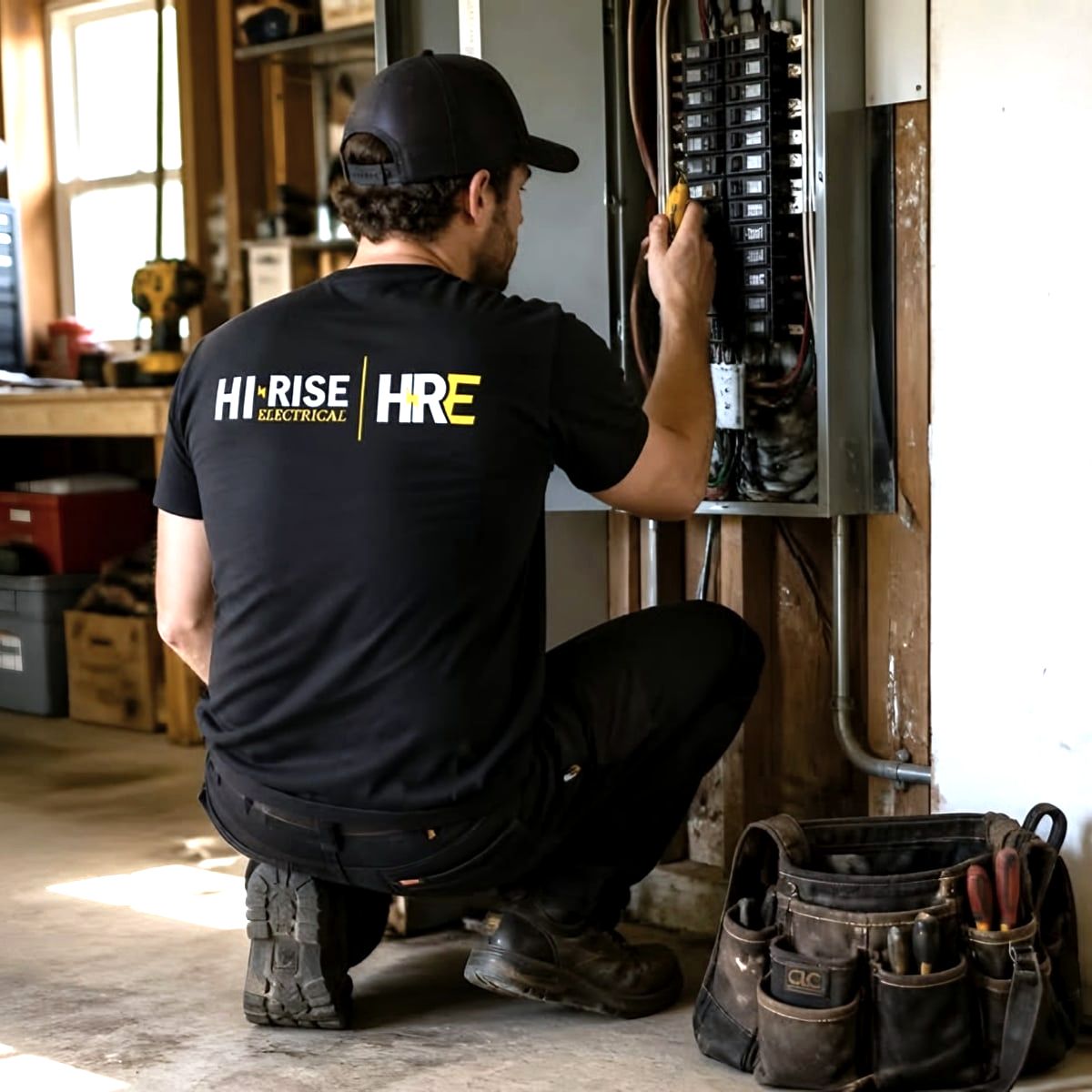 Electrician in Hi-Rise Electrical shirt crouching at breaker panel in a garage